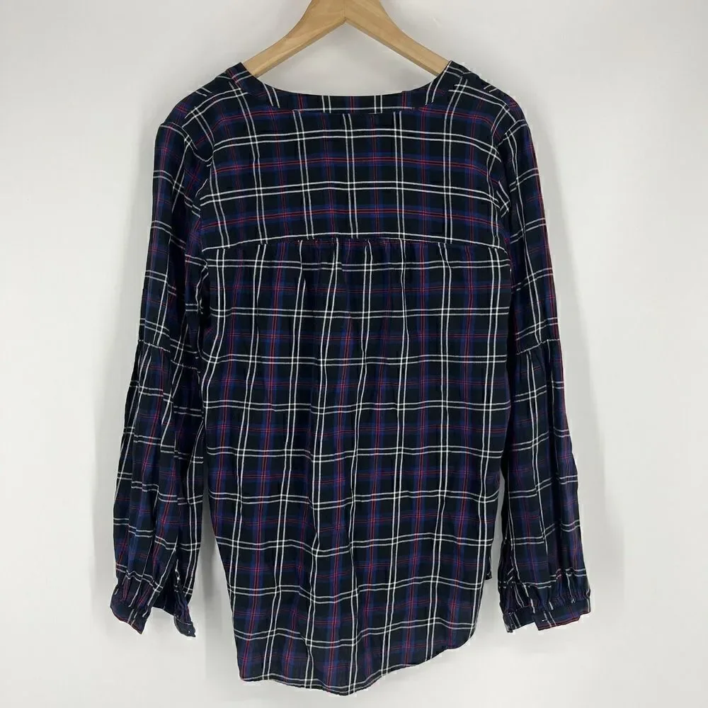 Loft Tunic Top Size Medium Blue Black Red Plaid Puff Sleeve Flannel Shirt V Neck